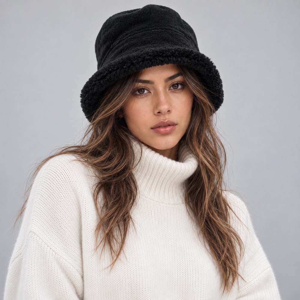 Vintage Black Shearling Bucket Hat Suede Sheepskin Winter Cloche Made in USA S